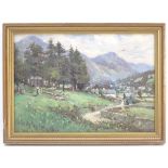 XX, English School, Oil on canvas, A countryside scene depicting a village landscape with figures,