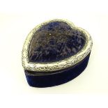 A large velvet covered dressing table box of heart shape with silver surround hallmarked Birmingham