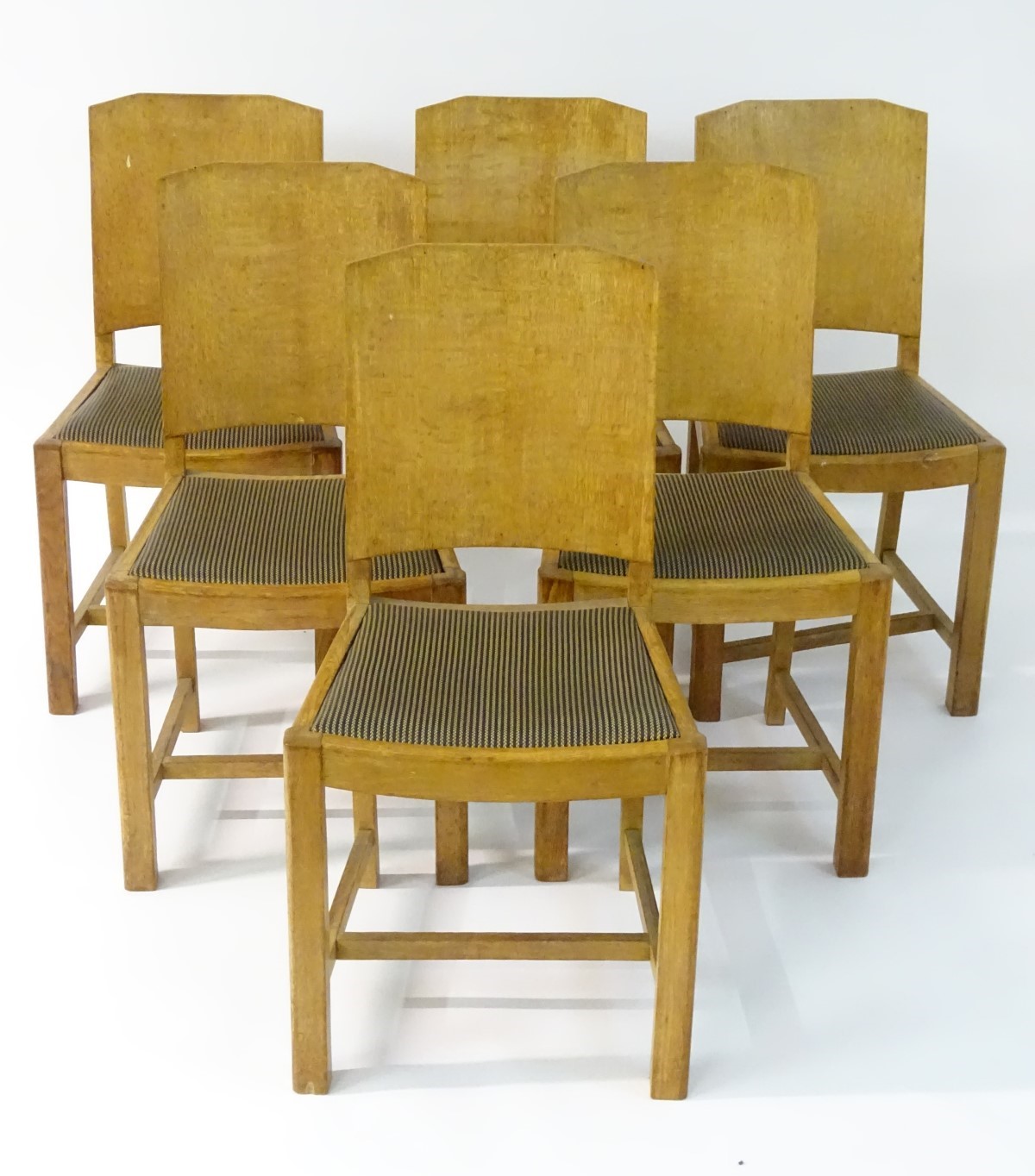 An Art Deco dining table and six matching chairs, of oak construction with light finish. - Image 6 of 9