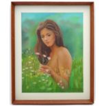 Roger Tack, XX, Pastel, A portrait of a nude lady in a meadow of long grass and flowers.