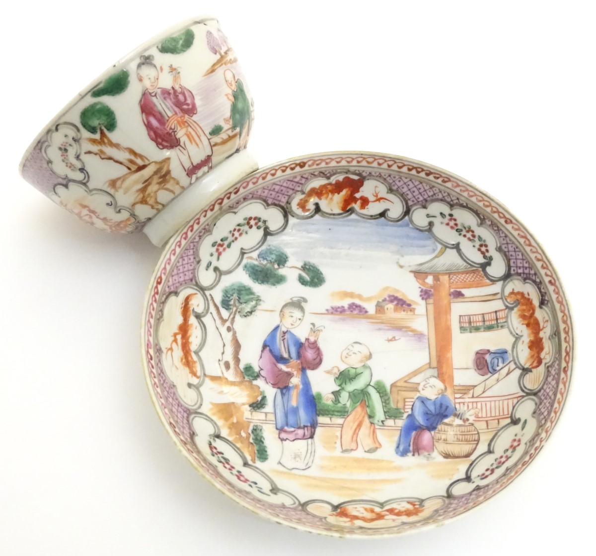 A Chinese famille rose tea bowl and saucer with hand painted decoration depicting figures on a - Image 7 of 7