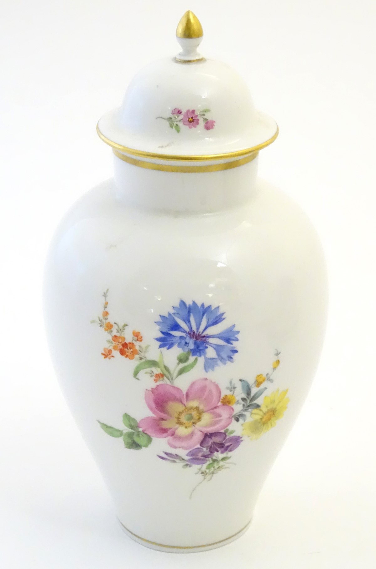 A Continental lidded vase with hand painted floral decoration. Meissen style marks under. Approx. - Image 3 of 8