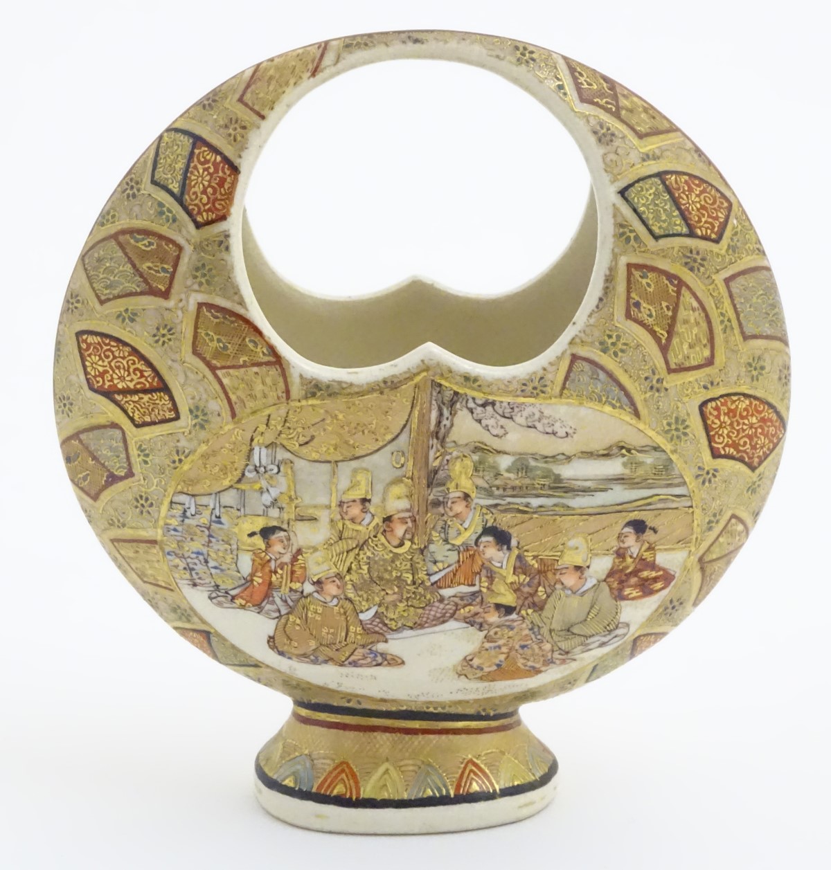 A Japanese satsuma moon basket vase with hand painted decoration depicting figures seated around - Image 3 of 7