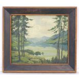 R., 1947, Scottish School, Oil on board, Pine trees beside a loch, Initialled and dated lower right.