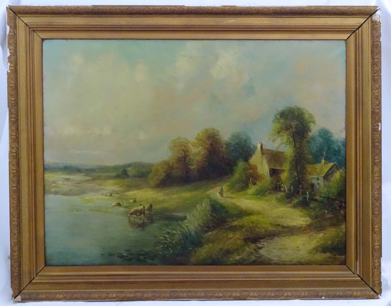 Indistinctly signed, XIX, Oil on canvas, Country vista with figure walking a path,