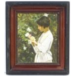 H. W., XX, Oil on board, A portrait of a young woman with flowers. Initialled lower right.