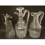 Three assorted 19thC glass claret jugs, one with silver plate mounts. Tallest approx.