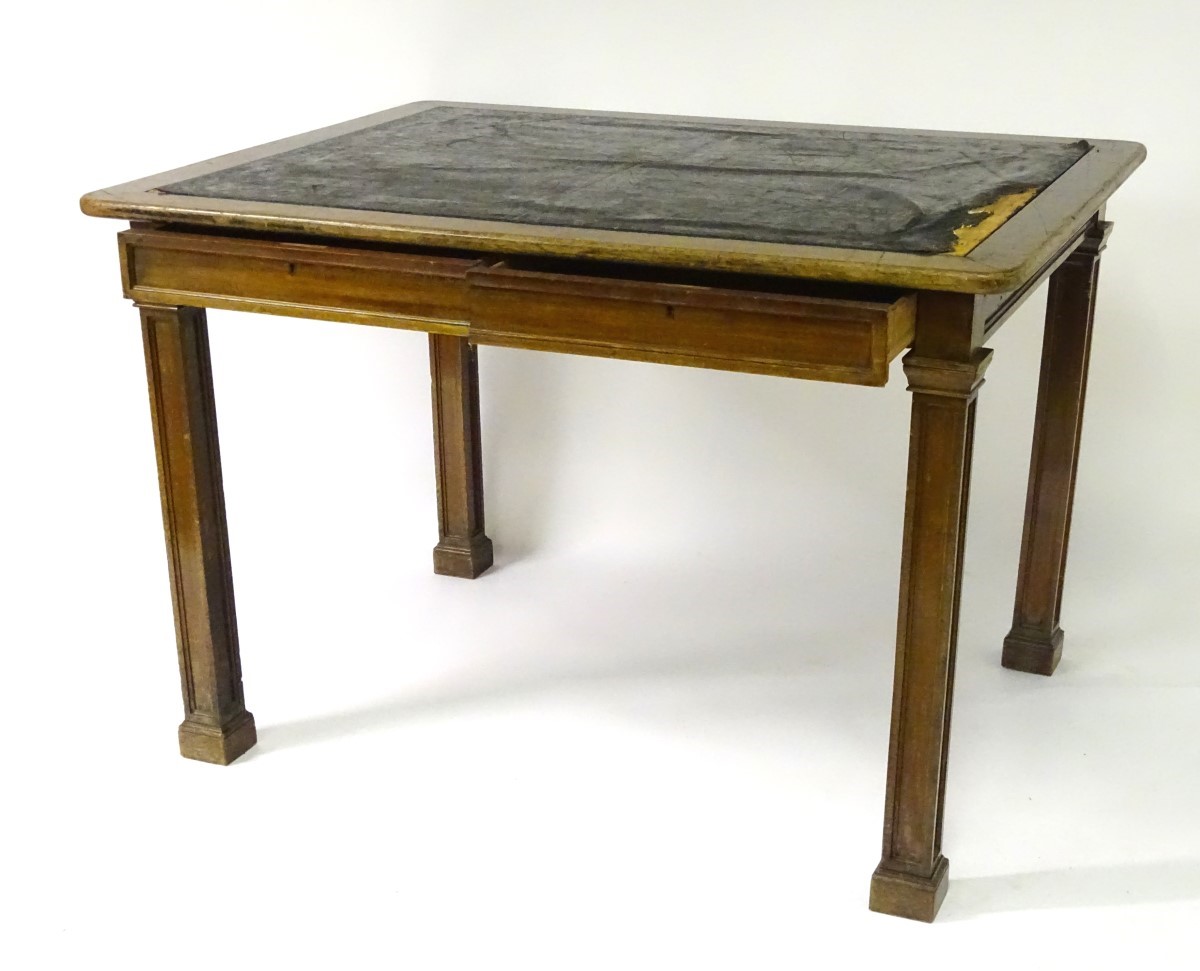 An early 20thC mahogany writing / architects table with an inset top and surrounding wooden frame, - Image 4 of 7