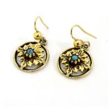 A pair of gilt metal drop earrings set with turquoise 1" long CONDITION: Please