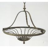 A hanging pendant light frame with floral and foliate detail and a spherical finial. Approx.