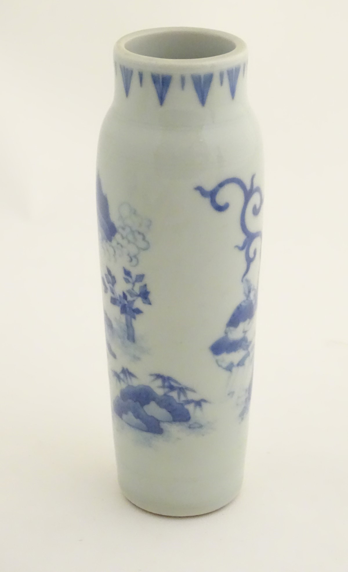 A Chinese blue and white vase of narrow form, depicting figures in a stylised landscape. Approx. - Image 2 of 6