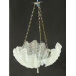 An Art Deco moulded glass pendant light of shell form. Approx. 7 1/2" high x 13 1/2" diameter.