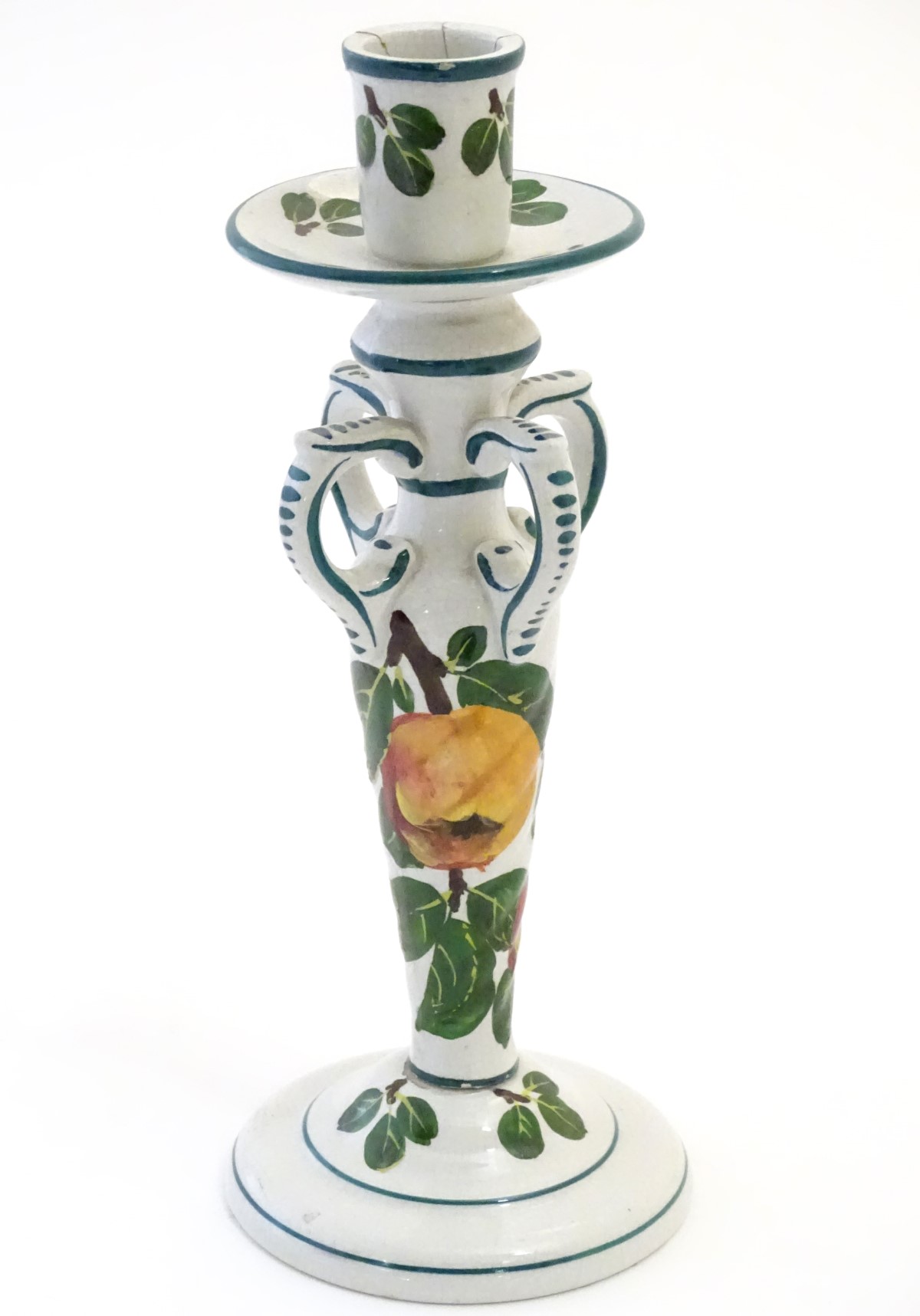 A Wemyss candlestick decorated with apples and leaves. Impressed Wemyss Ware under. Approx. - Image 4 of 6