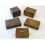 A collection of 19thC wooden workboxes, comprising three parquetry examples,