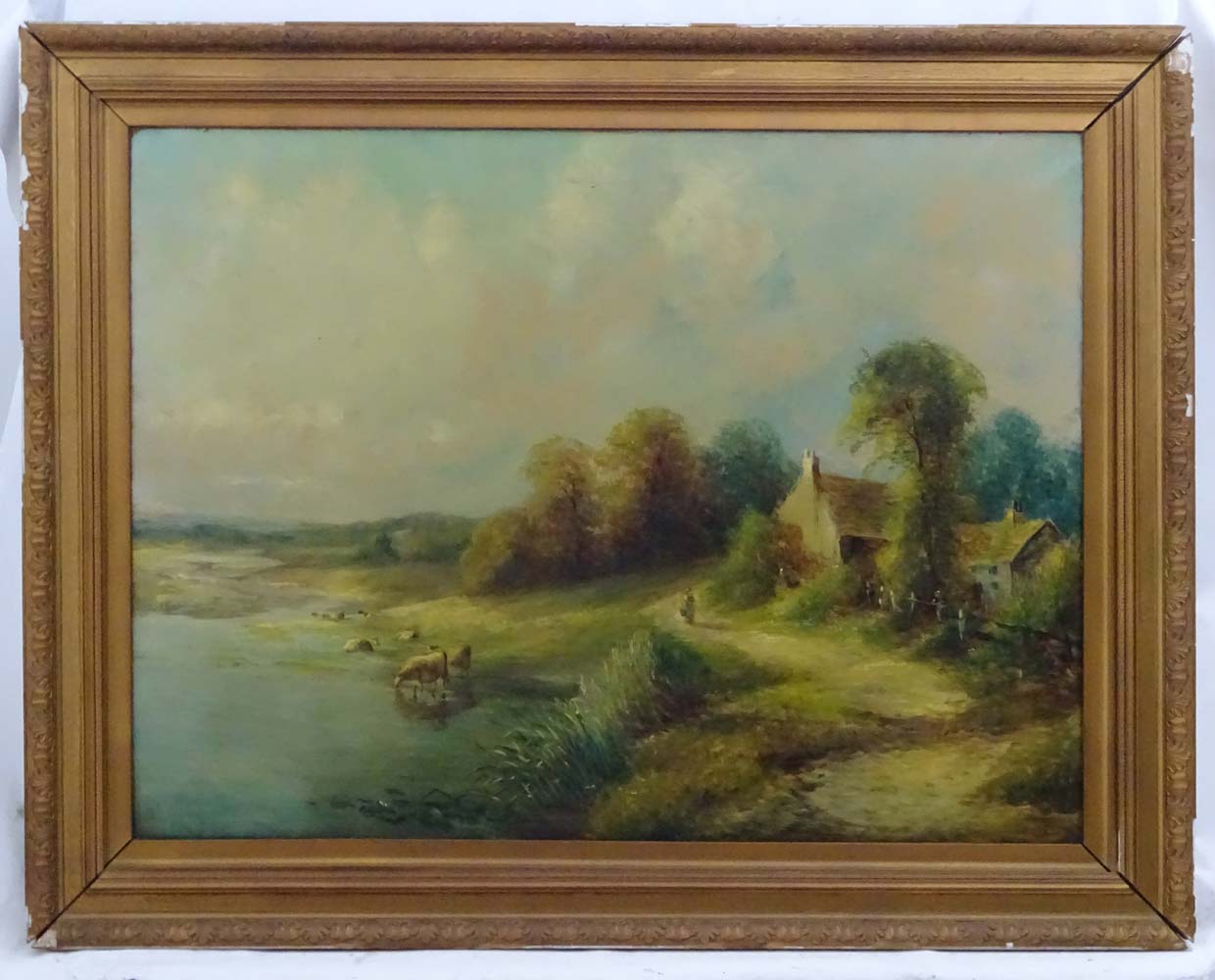 Indistinctly signed, XIX, Oil on canvas, Country vista with figure walking a path, - Image 7 of 8