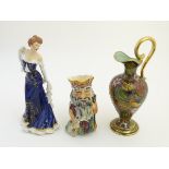 Three assorted ceramic items comprising a Belgian ewer / vase decorated with natural forms by