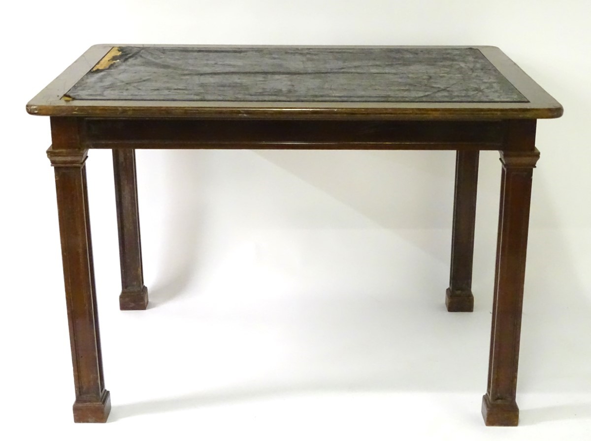 An early 20thC mahogany writing / architects table with an inset top and surrounding wooden frame, - Image 5 of 7