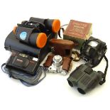 An assortment of vintage cameras and binoculars, to include a boxed Ensign ful-vue box camera,