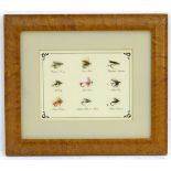 A framed display of 9 fishing flies, to include Wickham's Fancy, Black Pennell,