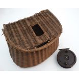 Fishing: an early to mid 20thC woven wicker fishing creel basket, 10 1/2" wide, 7 1/2" deep,