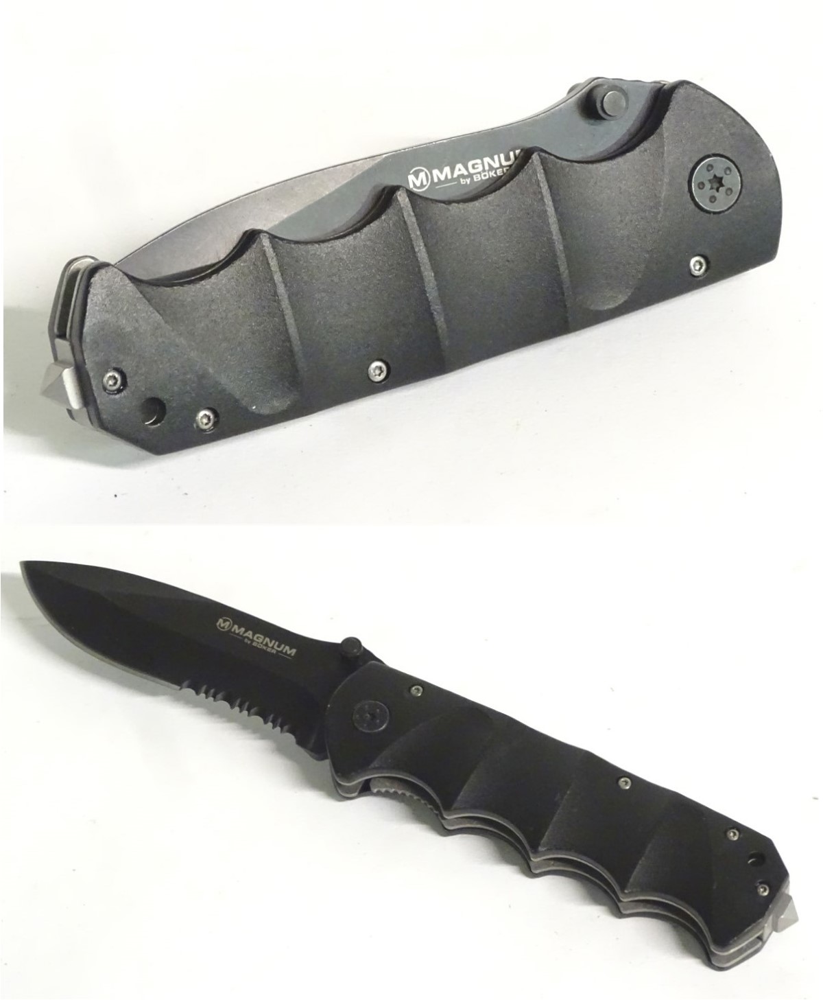 A Magnum by Boker tactical lock knife, with composite grip and 4 1/2" blade with saw.