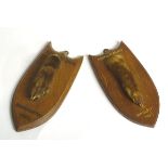 Taxidermy: two Red Fox (Vulpes Vulpes) paws mounted upon oak shield plinths, marked 'Suffolk Hunt,