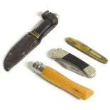 A selection of pocket knives, comprising a Opinel 'Carbone' lock knife (3" blade),