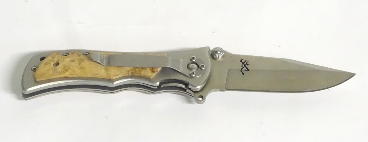 A Browning stainless steel skinning lock knife, with burr maple grips, - Image 2 of 9
