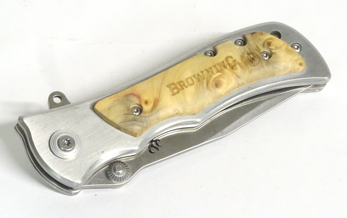 A Browning stainless steel skinning lock knife, with burr maple grips, - Image 4 of 9