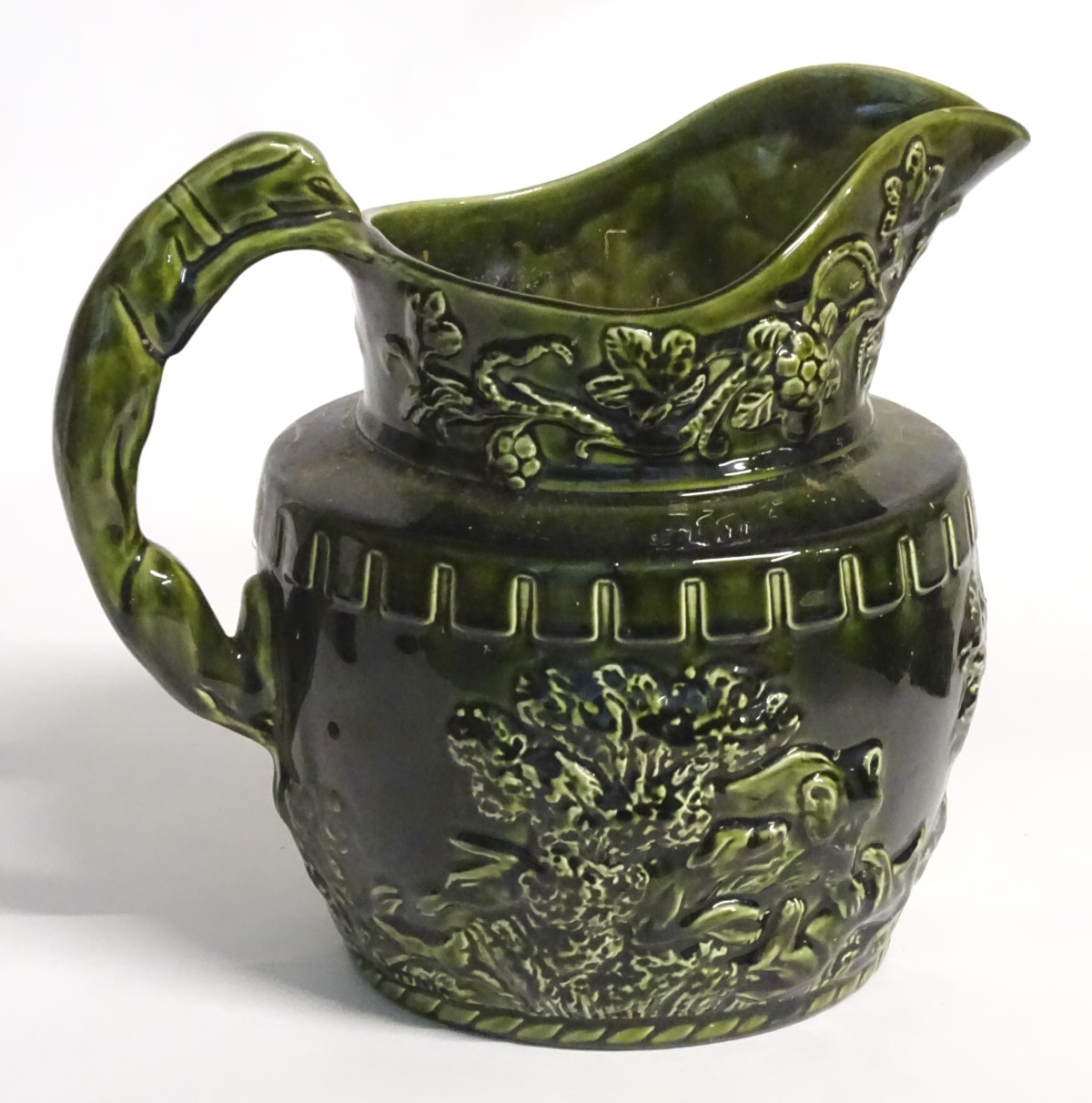 A 20thC Arthur Wood jug / pitcher, decorated with moulded hunting scenes and scrolling foliage, - Image 7 of 8