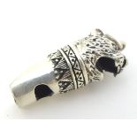 A novelty white metal whistle with big cat decoration 1 1/2" long CONDITION: Please