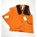 A Laksen moleskin European field hunter gilet and matching trousers in blaze orange, gilet size L,
