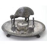 A late 19th / early 20thC novelty silver plate inkwell / standish with kiwi bird decoration,