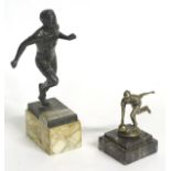 Two sporting trophies with bases, one formed as a bowls player, the other formed as a runner.