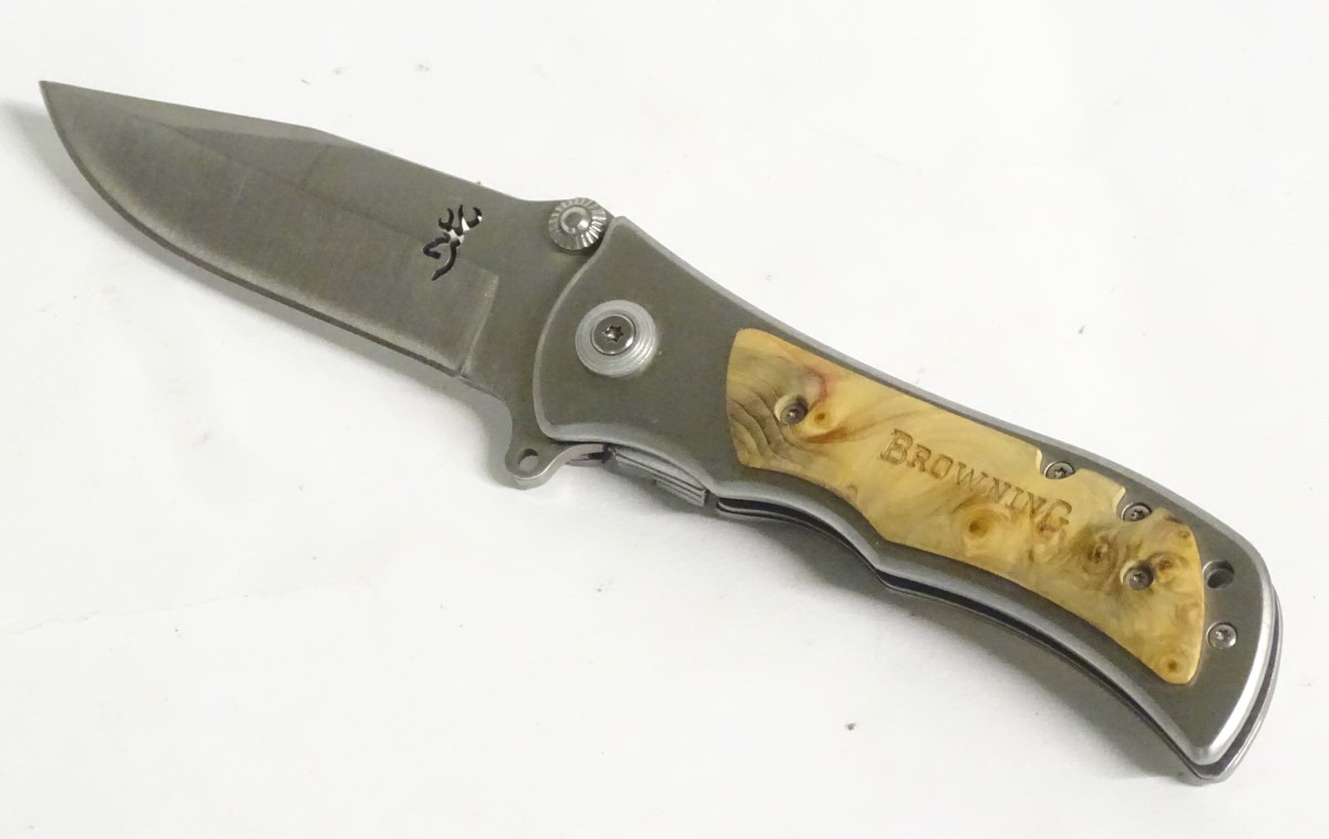 A Browning stainless steel skinning lock knife, with burr maple grips, - Image 3 of 9