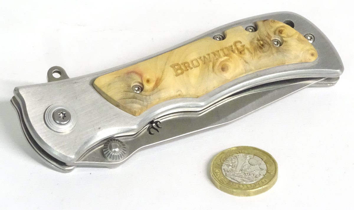 A Browning stainless steel skinning lock knife, with burr maple grips, - Image 5 of 9