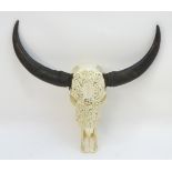 Taxidermy: a carved skull mount of an Asian Water Buffalo (Bubalus Arnee), 31" long, 29" wide,