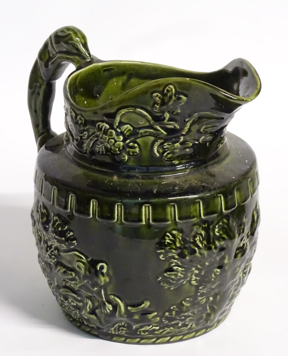 A 20thC Arthur Wood jug / pitcher, decorated with moulded hunting scenes and scrolling foliage, - Image 6 of 8