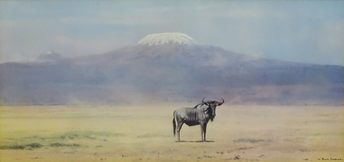 After David Shepherd (1931-2017), Signed coloured print, A wildebeest before Mount Kilimanjaro, - Image 2 of 5