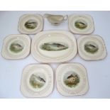 Fishing : a 1930's Woods Ivory Ware ceramic dining set comprising : central large plate ,