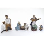 Four ceramic oriental figures playing musical instruments, reading etc.