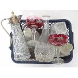 A quantity of assorted glassware, to include cranberry glasses, decanters,