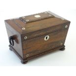 A William IV rosewood sarcophagus shaped two section tea caddy with a fitted interior,