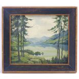 R., 1947, Scottish School, Oil on board, Pine trees beside a loch, Initialled and dated lower right.