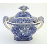 A Mason's ironstone china blue and white lidded tureen with twin handles, in the pattern Vista.