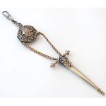 A Victorian silver gilt and silver plate hanging scissor sheath with chatelaine attachment and