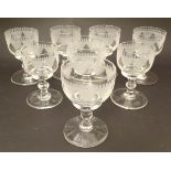 Eight 19thC pedestal glasses with etched decoration. 3x 3 1/2" high, 5x 3 1/4" high.