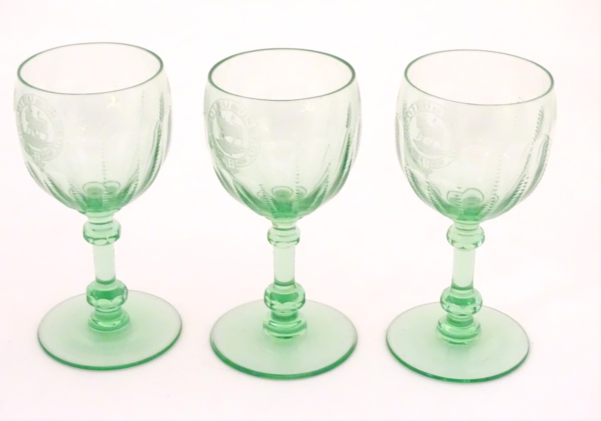 Three green glass pedestal wine glasses with engraved armorial depicting a bull and titled with - Image 4 of 8