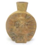 A tribal terracotta stylised moon flask with a flat front, bulbous back and flared rim,