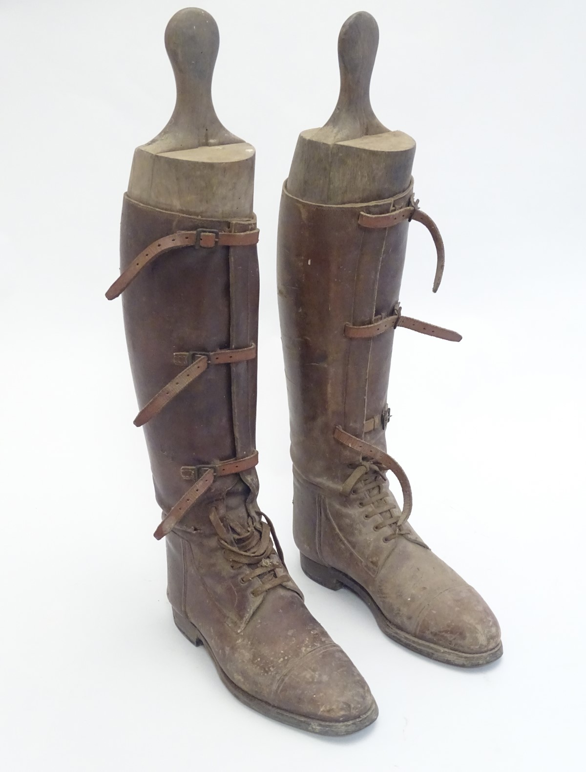 An early to mid 20thC pair of brown leather field / cavalry pattern riding boots, - Image 4 of 6